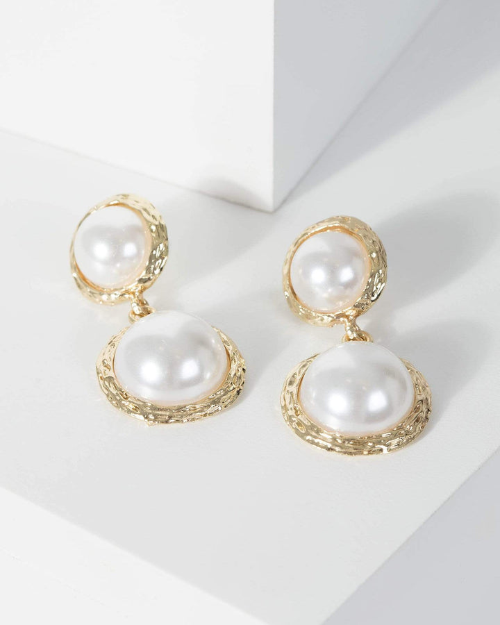 Gold Double Round Pearl Detail Drop Earrings | Earrings