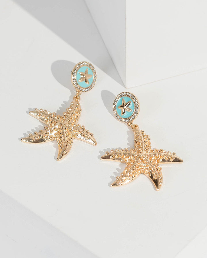 Gold Double Starfish Detail Drop Earrings | Earrings