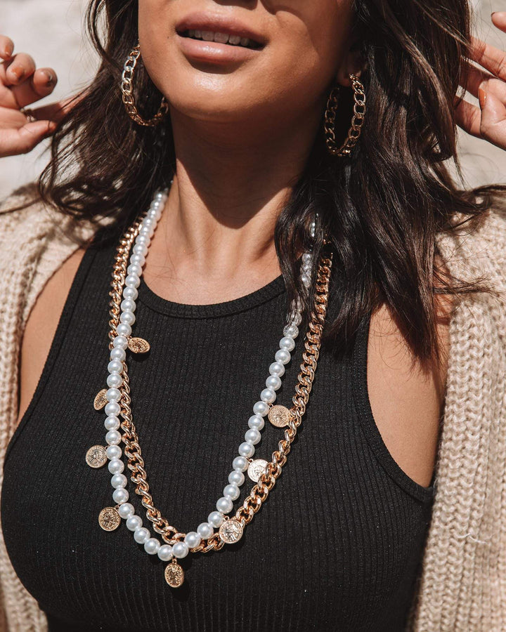 Gold Double Statement Pearl Coin Necklace | Necklaces