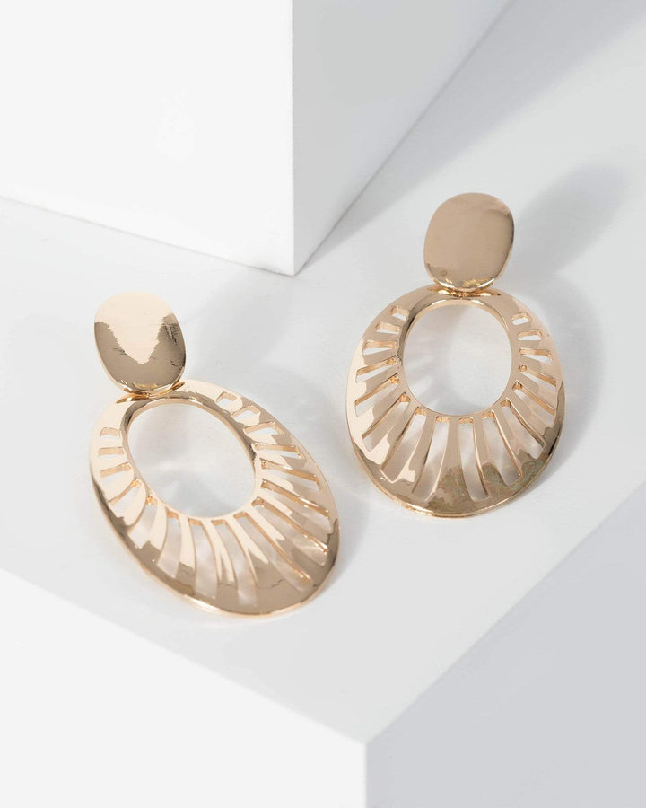 Gold Drop Oval Lined Earrings | Earrings