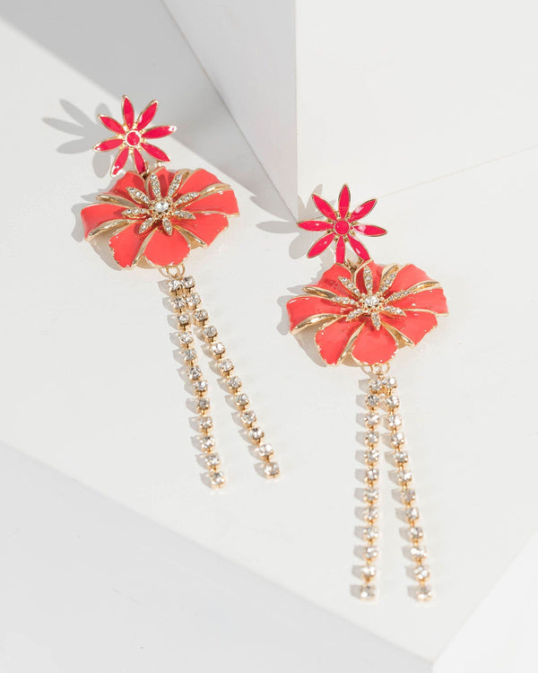 Gold Drop Tropical Flower Chain Earrings | Earrings