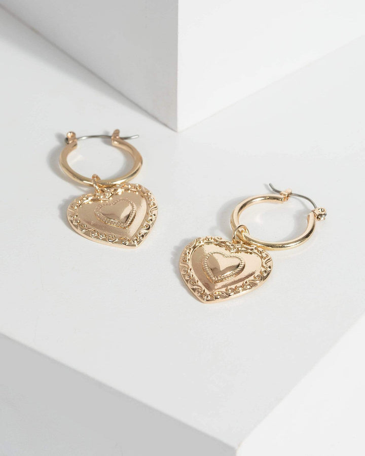 Gold Embossed Heart Hoop Earrings | Earrings