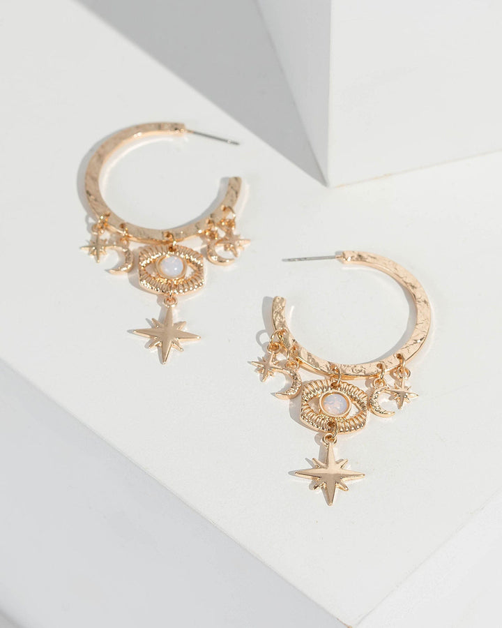 Gold Evil Eye And Star Detail Hoop Earrings | Earrings
