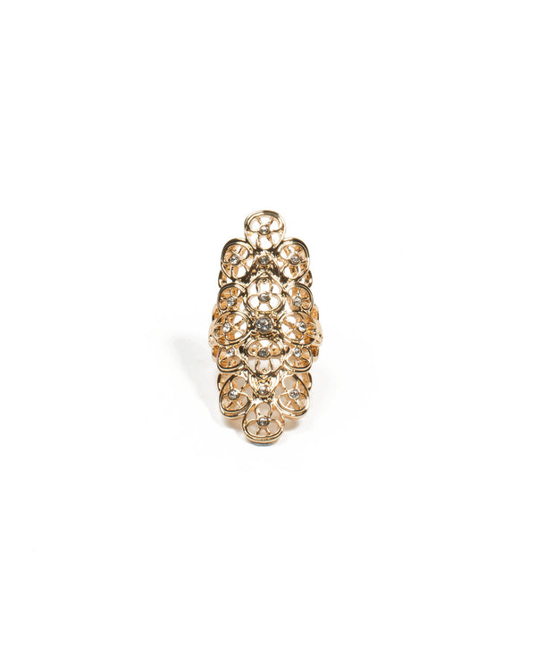 Colette by Colette Hayman Gold Filigree Diamante Stone Armour Ring - Large