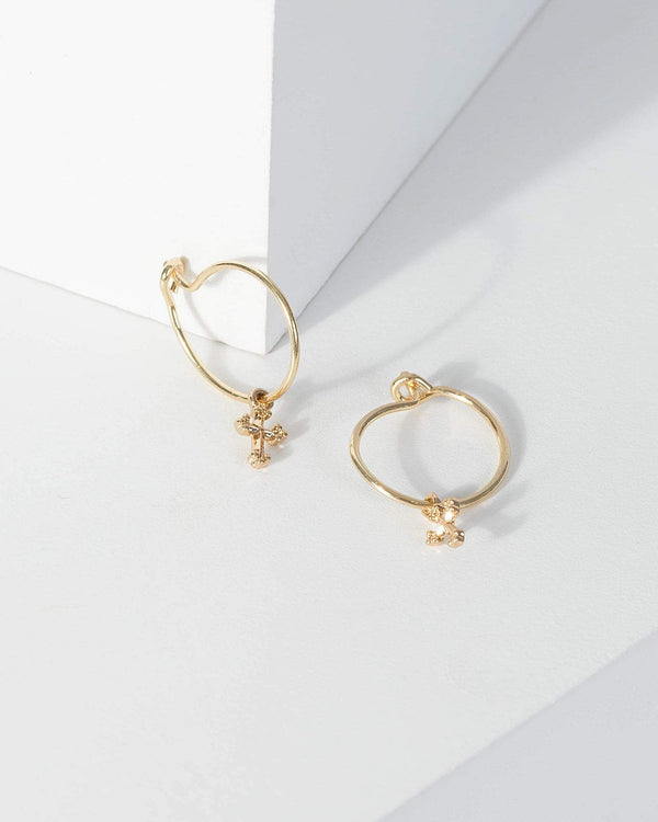 Gold Fine Hoop Mini Cross Detail Earrings | Earrings