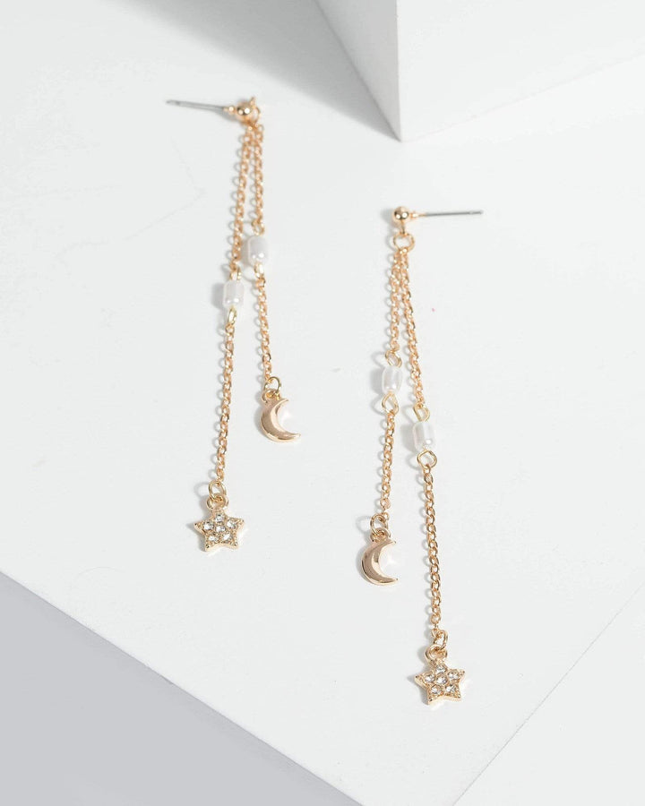 Gold Fine Star Moon Pearl Drop Earrings | Earrings