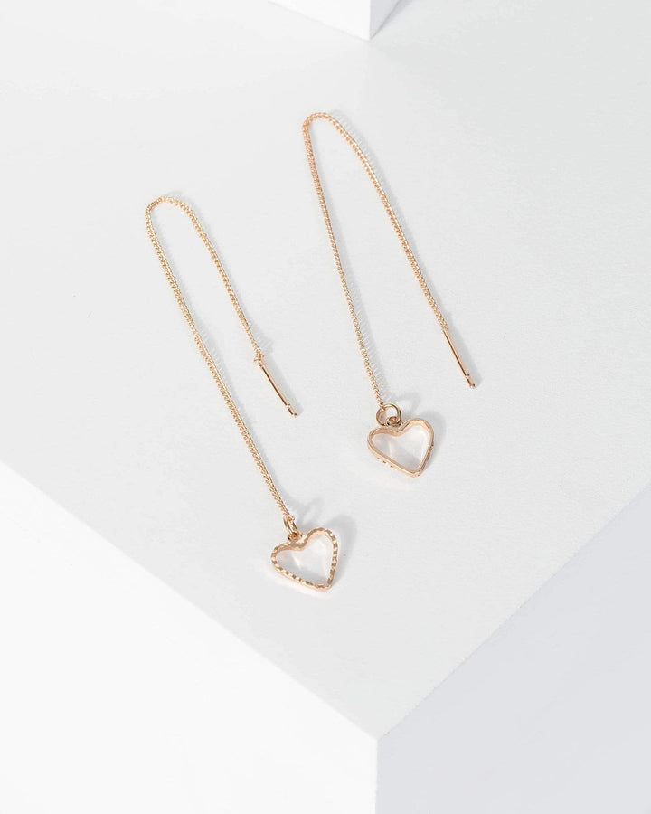 Gold Fine Textured Heart Charm Drop Earrings | Earrings