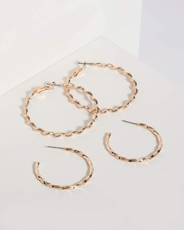 Gold Fine Twisted Hoop Earring Set | Earrings