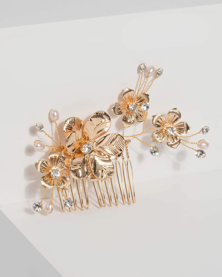 Gold Floral and Pearl Comb | Hair Accessories