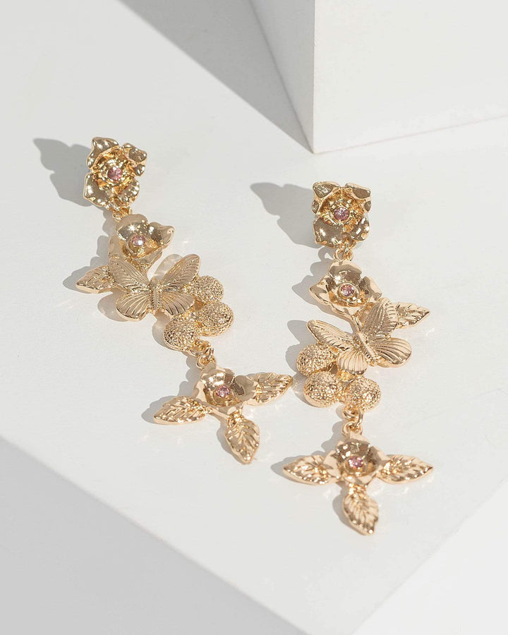 Gold Floral Butterfly Drop Earrings | Earrings