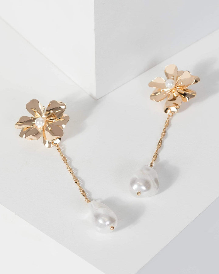Gold Floral Pearl Drop Chain Earrings | Earrings