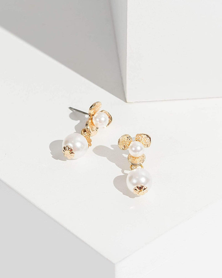 Gold Floral Pearl Drop Earrings | Earrings