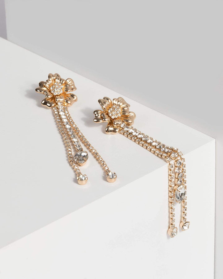 Gold Flower Crystal Drop Earrings | Earrings