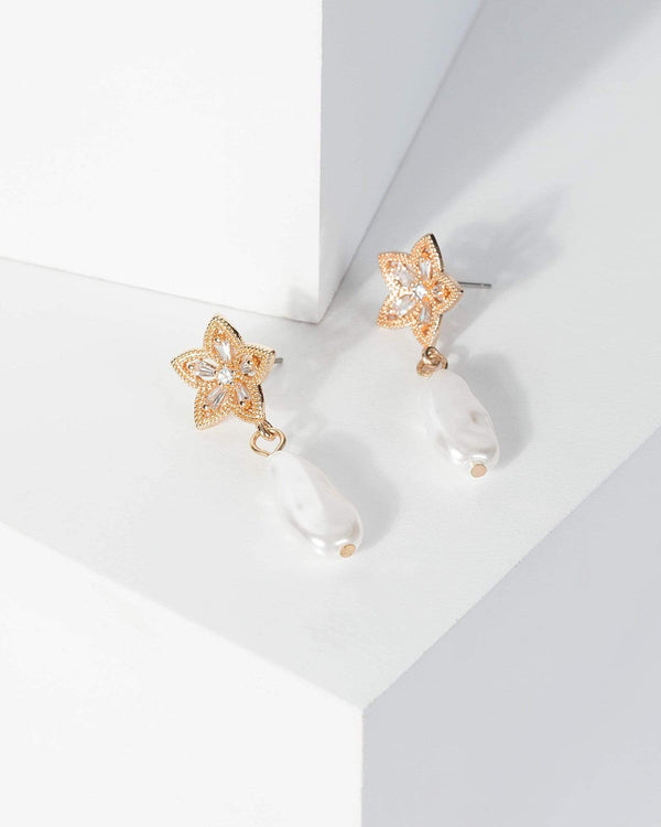Gold Flower Pearl Drop Earrings | Earrings