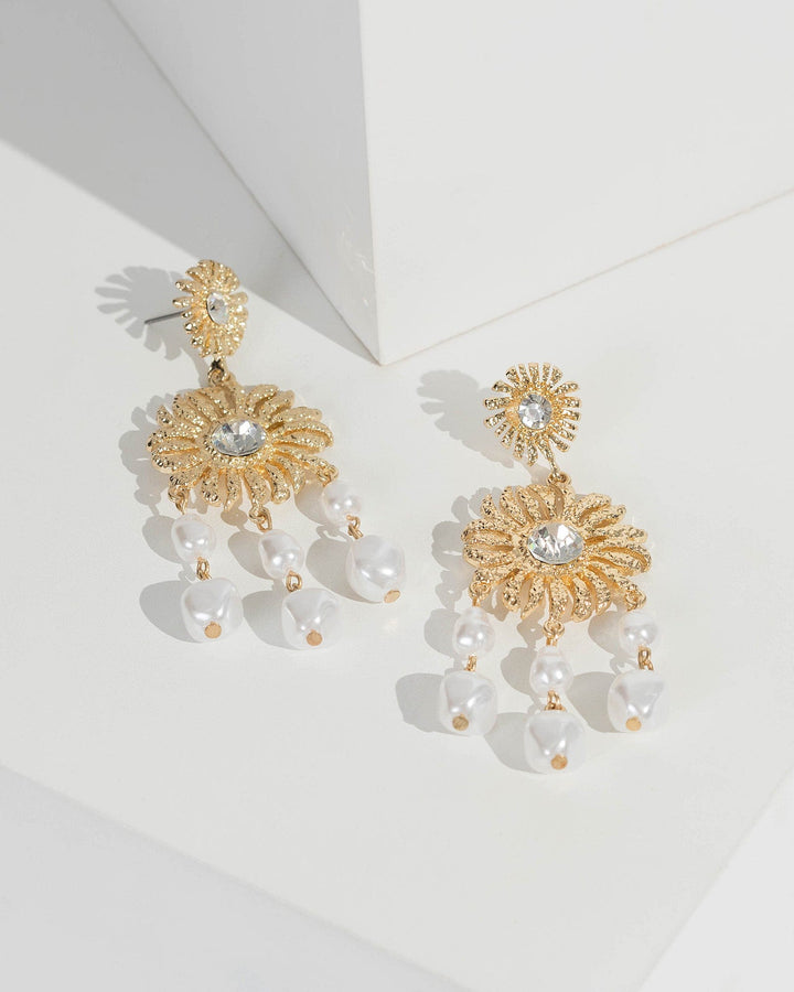 Gold Flower Pearl Drop Stud Earrings | Earrings