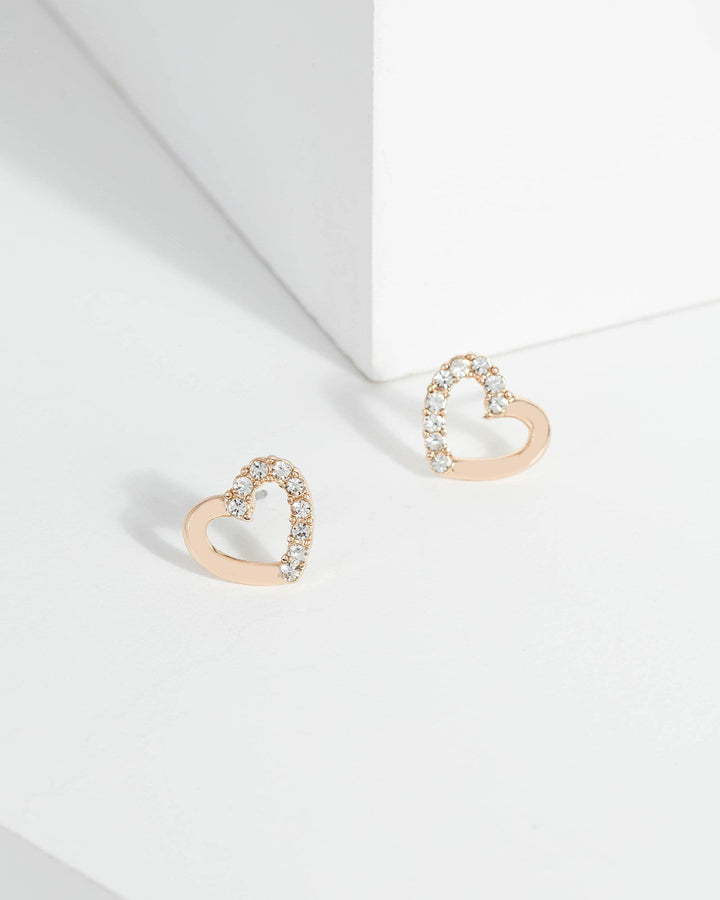 Gold Half Diamante Heart Shaped Stud Earrings | Earrings