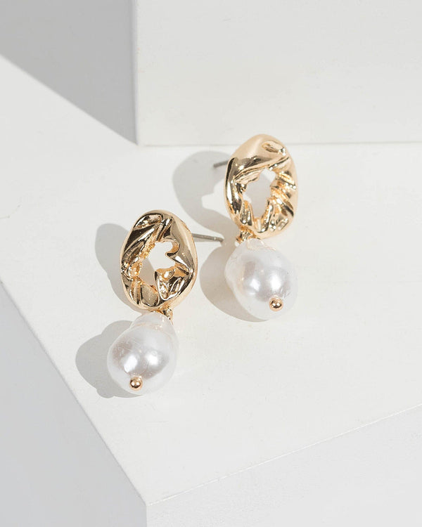 Colette by Colette Hayman Gold Hammered Round Metal Pearl Drop Earrings