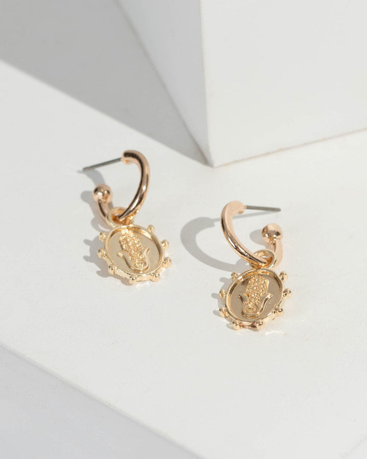 Gold Hamsa Hand Pendant Hoop Earrings | Earrings