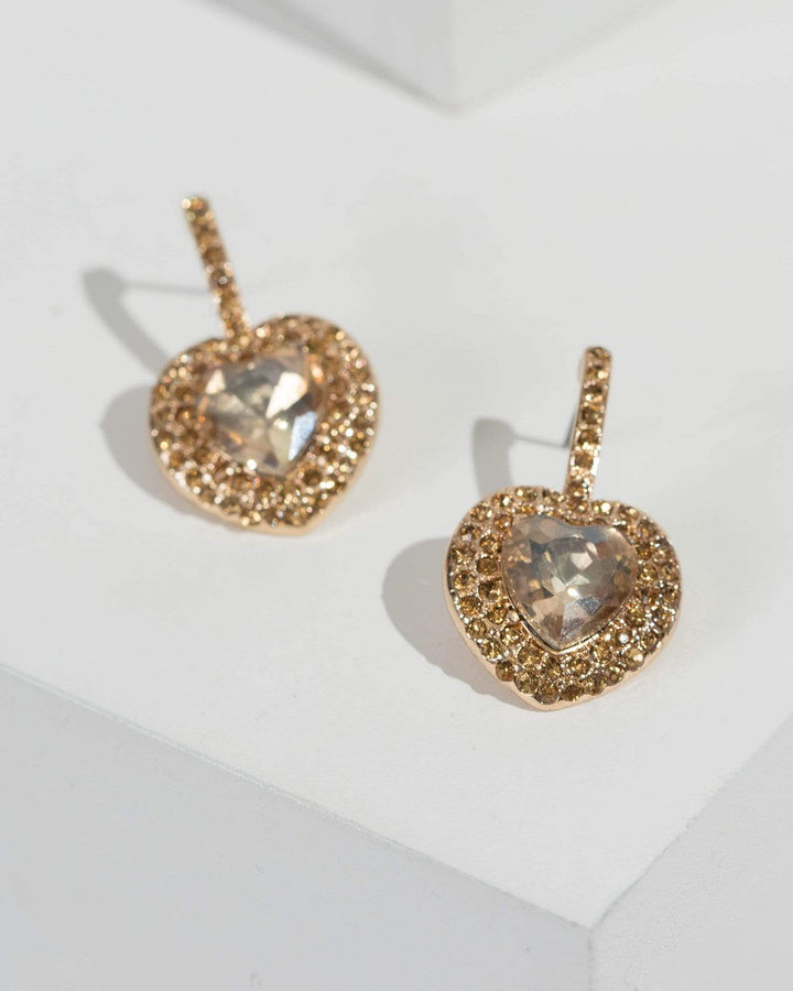 Gold Heart Drop Crystal Earrings | Earrings