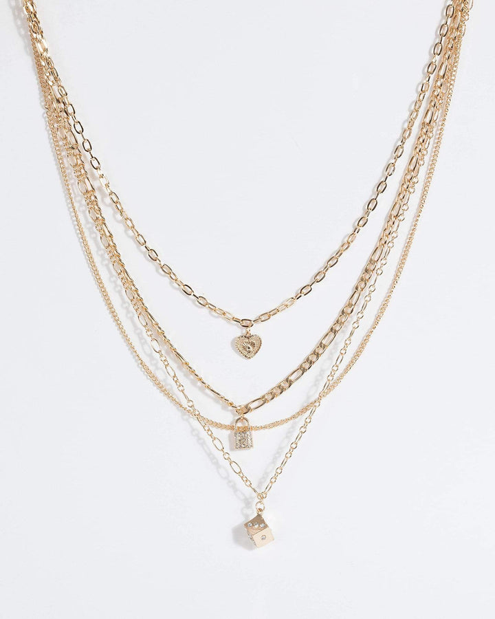 Gold Heart Lock Dice 4 Layer Necklace | Necklaces
