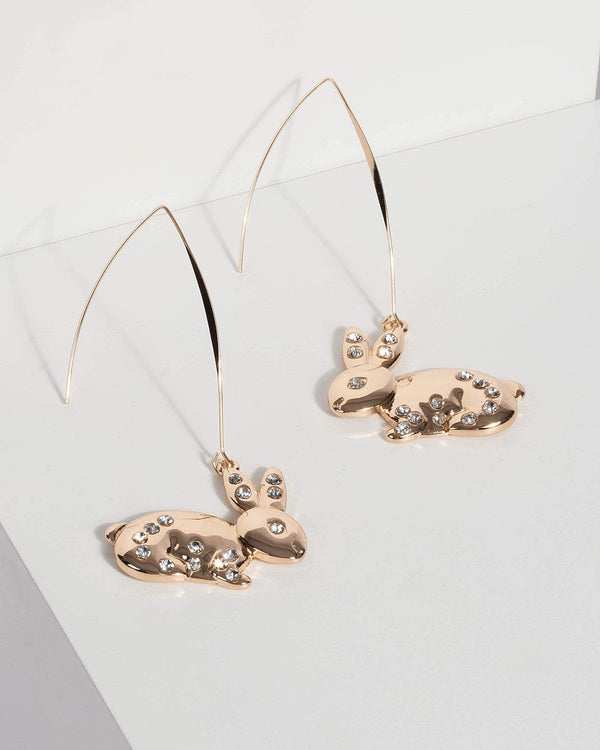 Gold Hooked Bunny Charm Earrings | Accessories
