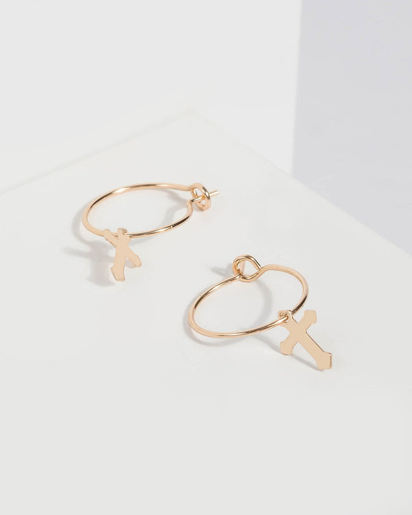 Gold Hoop Mini Cross Earrings | Earrings