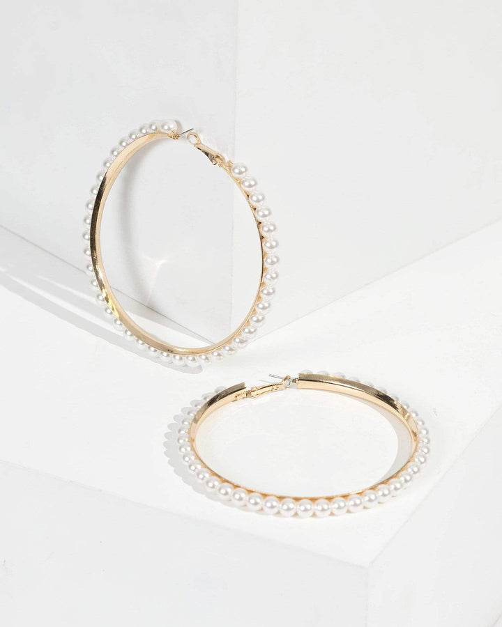 Gold Large Pearl Hoops Earrings | Earrings