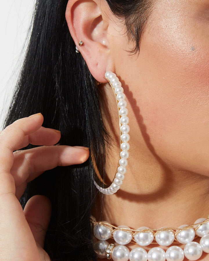 Gold Large Pearl Hoops Earrings | Earrings