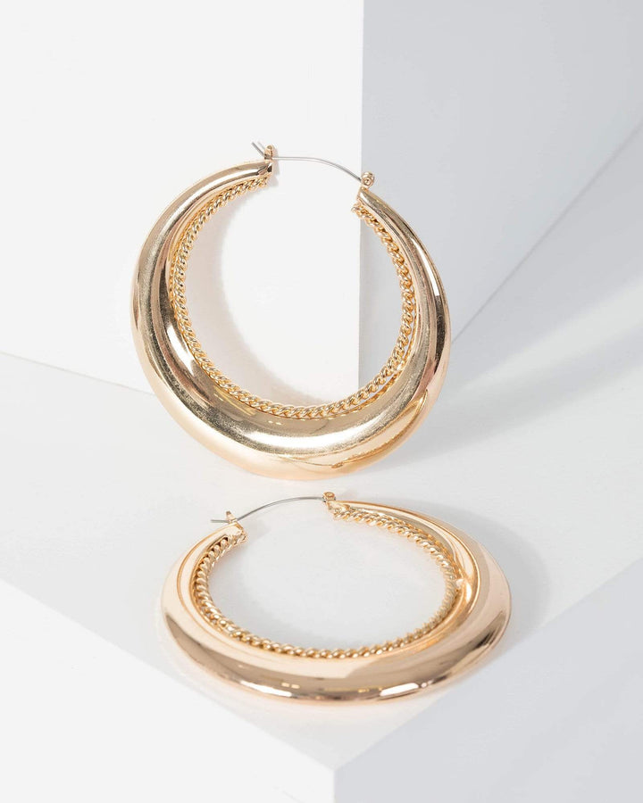 Gold Large Plain And Chain Detailed Hoop Earrings | Earrings
