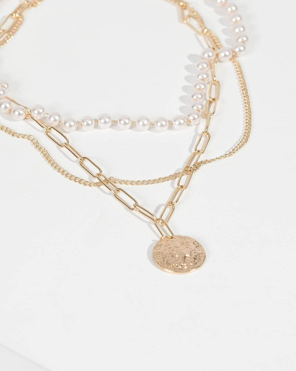 Gold Layered Chains And Pearls Necklace | Necklaces