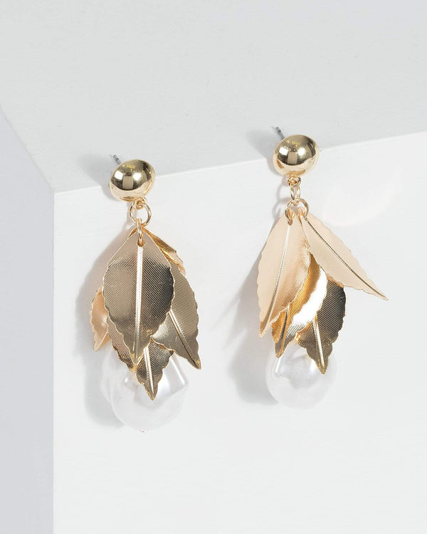 Gold Layered Leaves Pearl Drop Earrings | Earrings