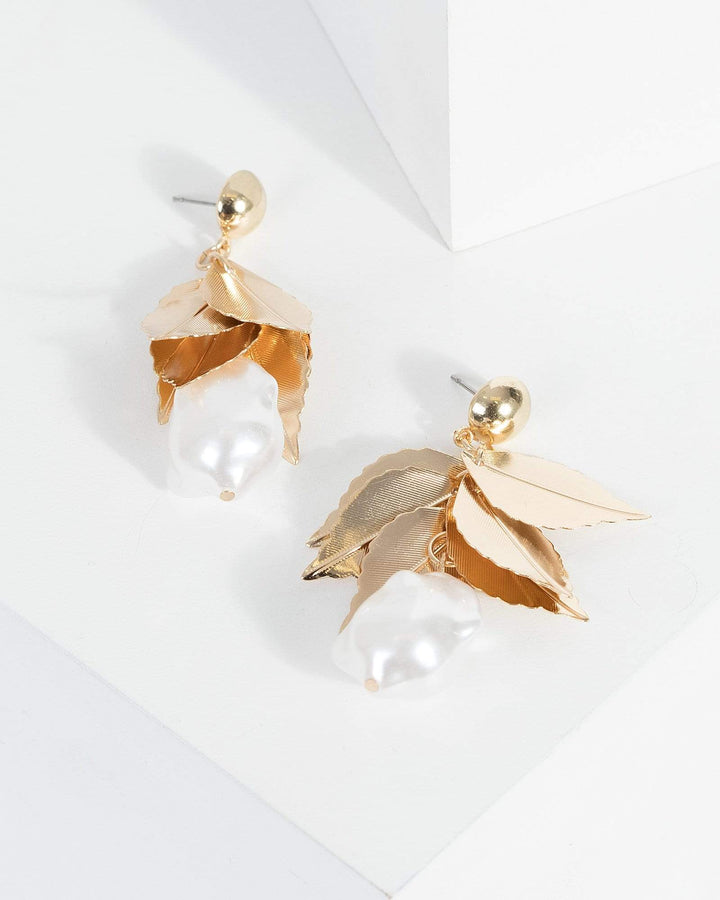 Gold Layered Leaves Pearl Drop Earrings | Earrings