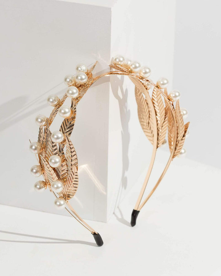 Gold Leaf And Pearl Crossover Headband | Hair Accessories