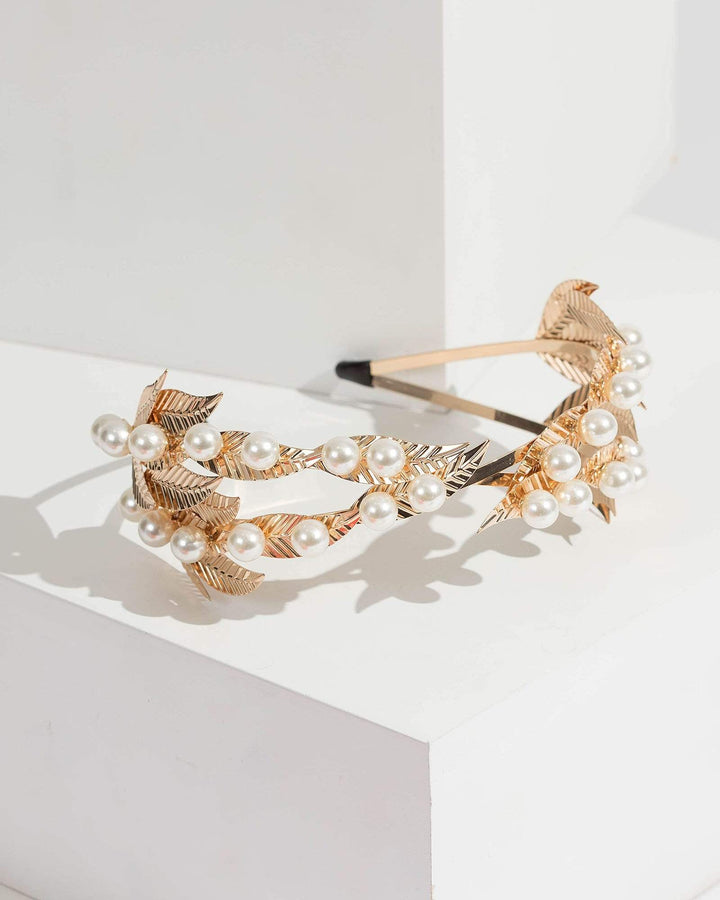 Gold Leaf And Pearl Crossover Headband | Hair Accessories