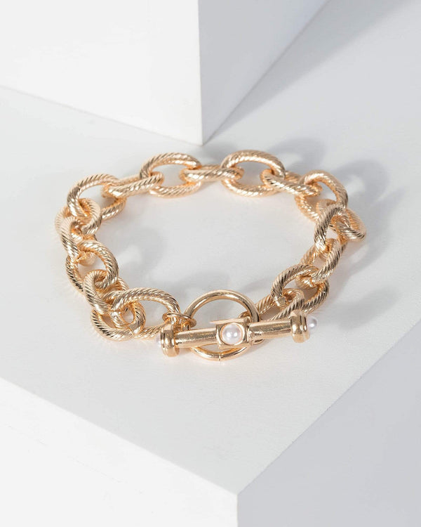 Gold Linked Chain Pearl Toggle Detail Bracelet | Wristwear