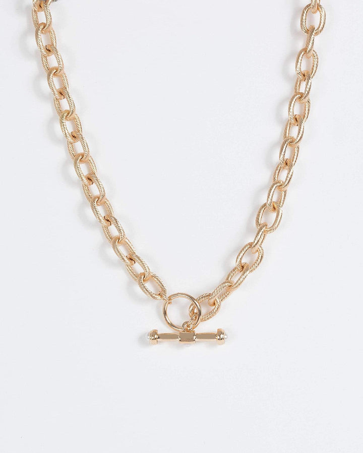 Gold Linked Chain Pearl Toggle Detail Necklace | Necklaces