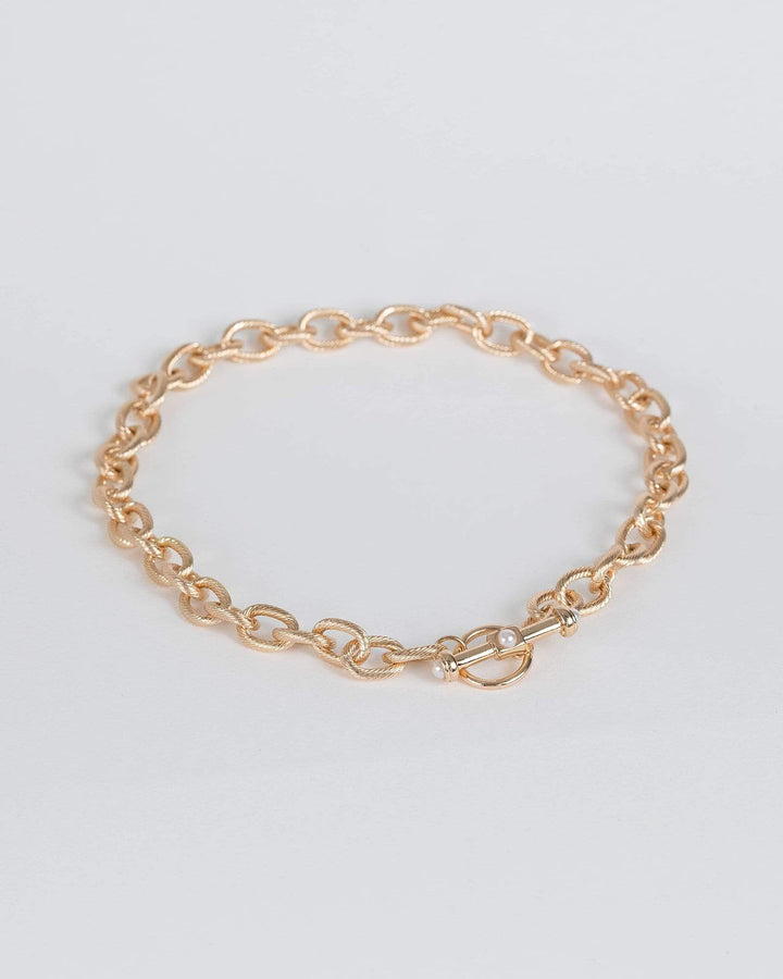 Gold Linked Chain Pearl Toggle Detail Necklace | Necklaces