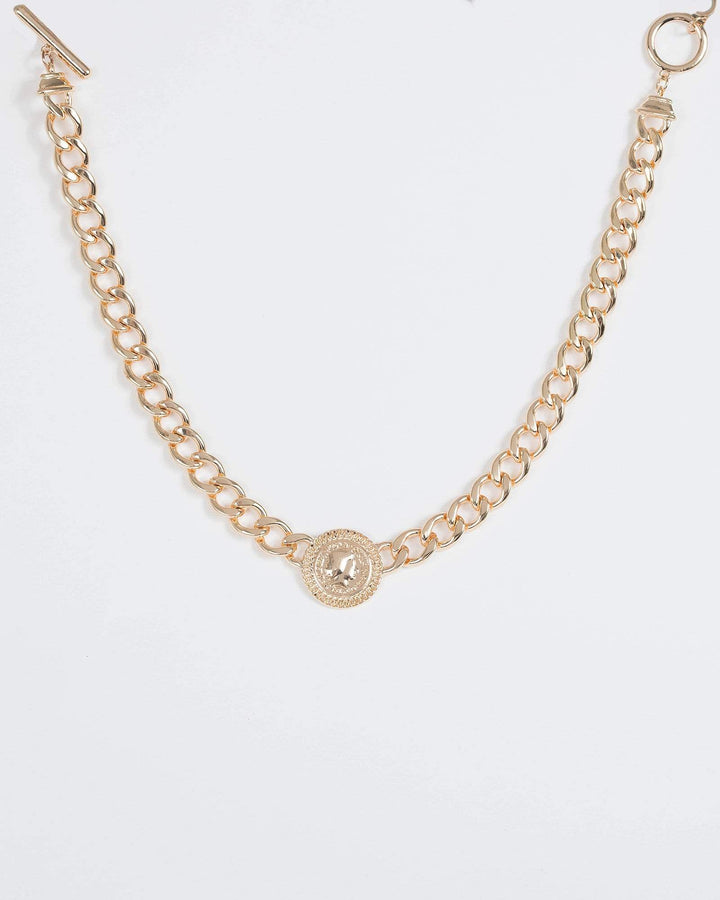 Gold Linked Chain Round Coin Detail Necklace | Necklaces