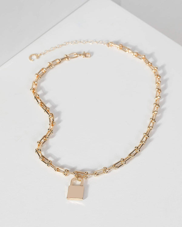 Gold Lock And Chain Necklace | Necklaces