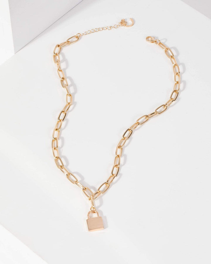 Gold Long Chain Lock Necklace | Necklaces