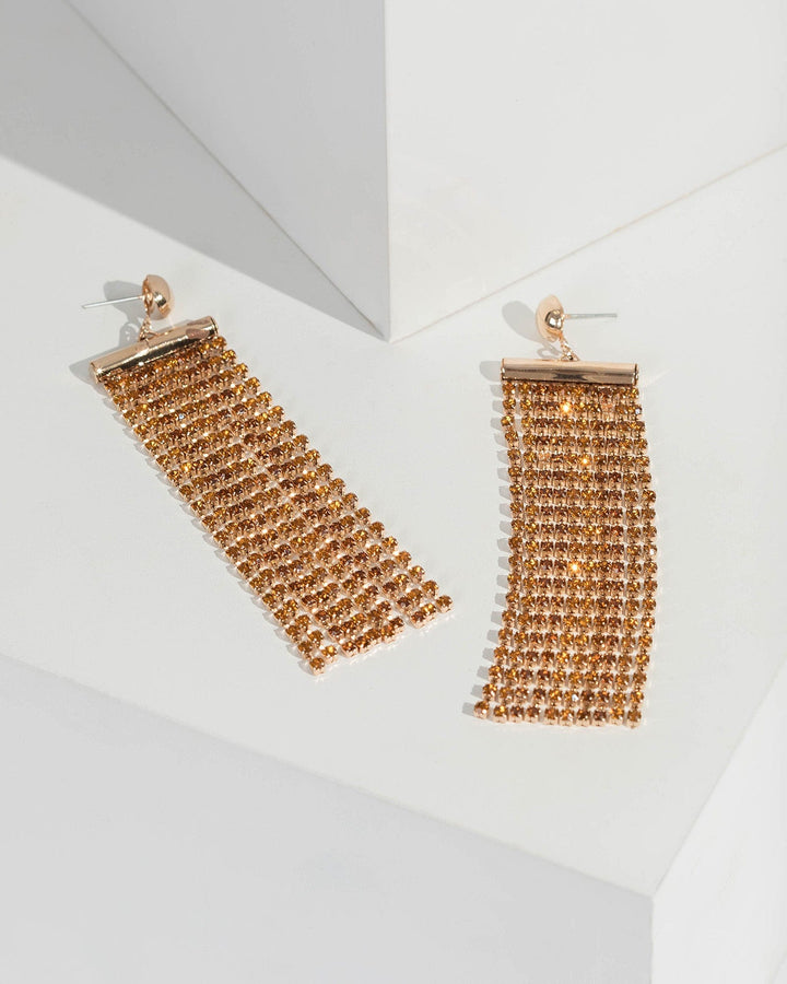 Gold Long Crystal Tassel Drop Earrings | Earrings