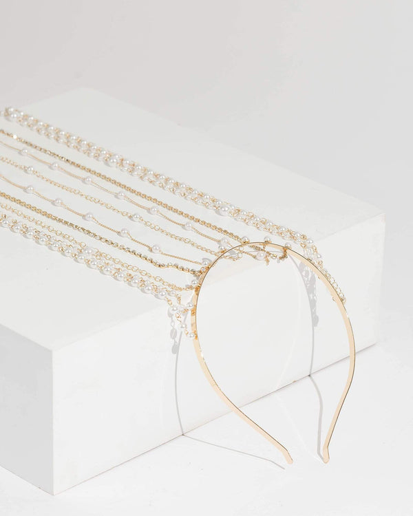 Gold Long Pearl And Crystal Detail Headband | Hair Accessories