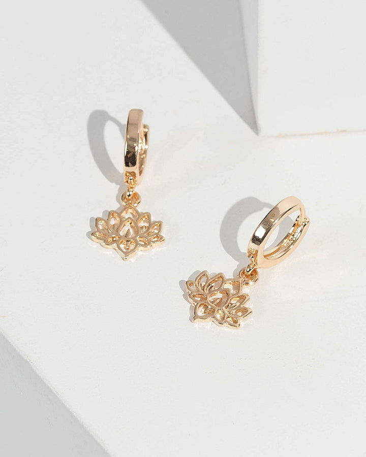 Gold Lotus Flower Pendant Hoop Earrings | Earrings