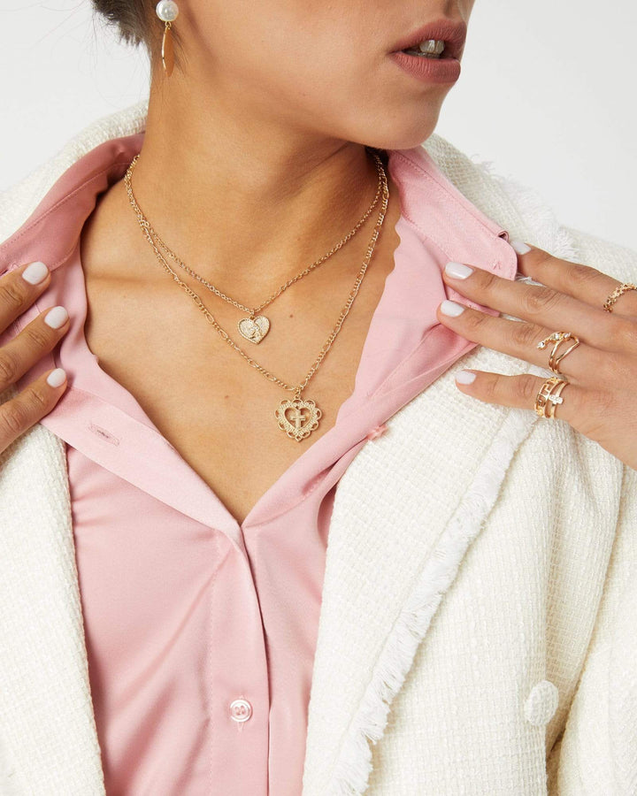 Gold Love Heart And Cross Layers Necklace | Necklaces