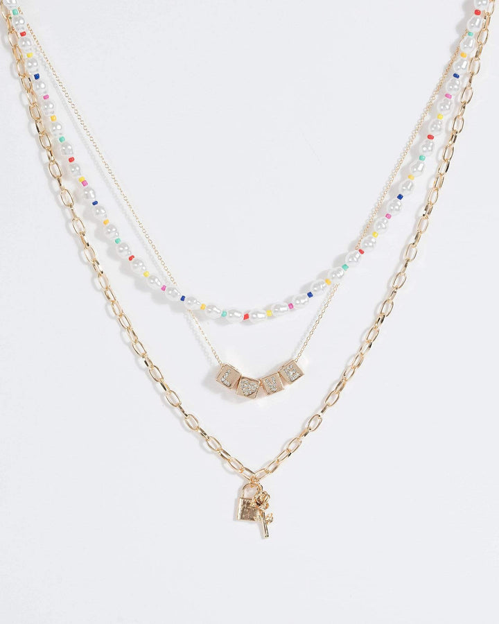 Gold Love Lock Flower 3 Layer Necklace | Necklaces