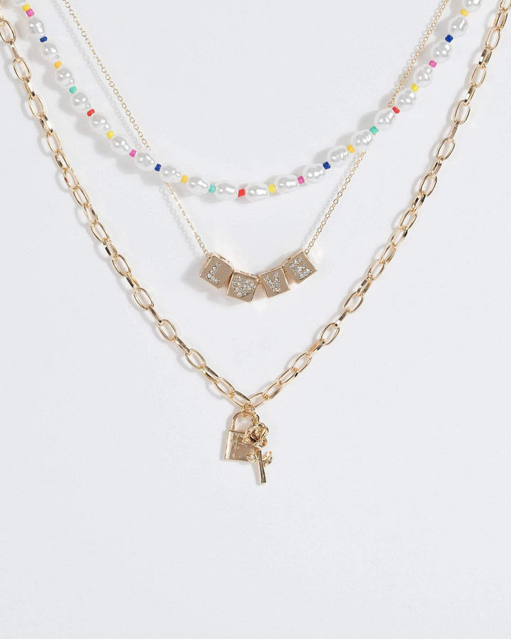 Gold Love Lock Flower 3 Layer Necklace | Necklaces