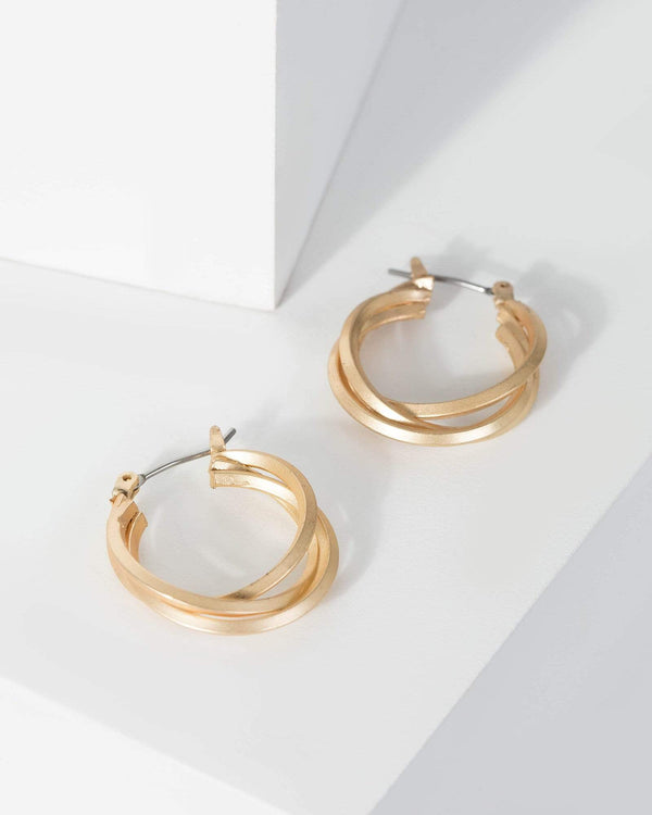 Gold Matte Crossover Detail Hoop Earrings | Earrings