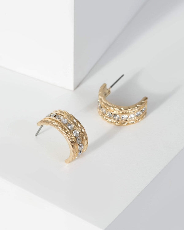 Gold Metal And Diamante Row Half Hoop Earrings | Earrings