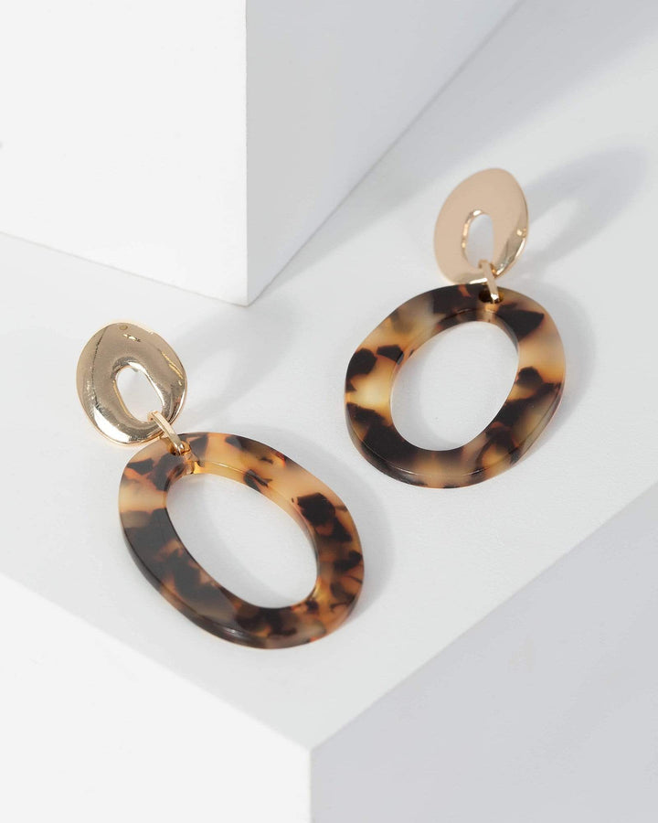 Gold Metal And Oval Acrylic Detail Drop Earrings | Earrings