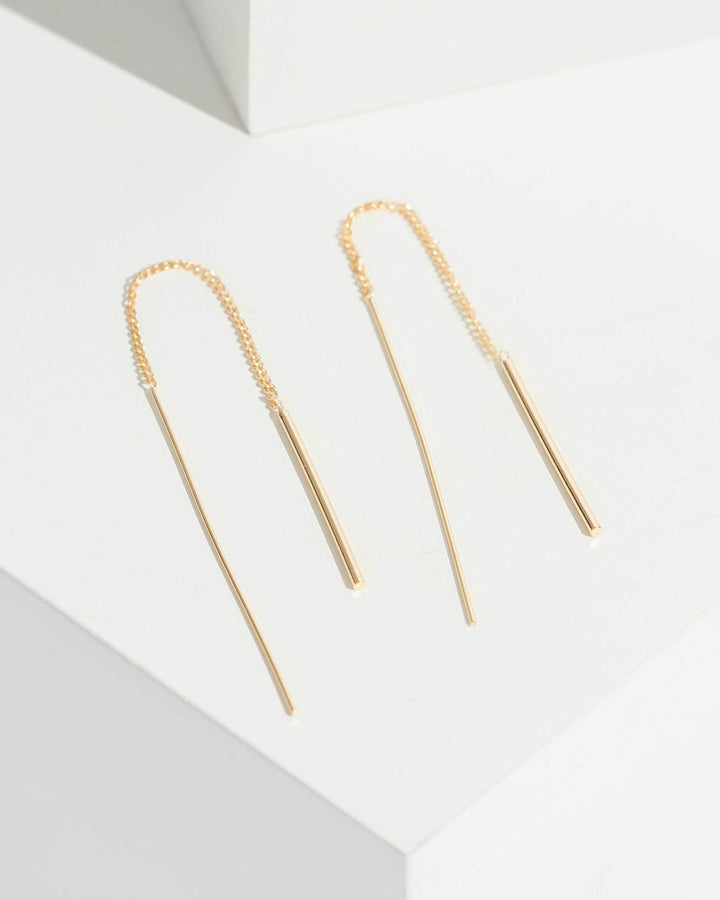 Gold Metal Bar End Thread Earrings | Earrings